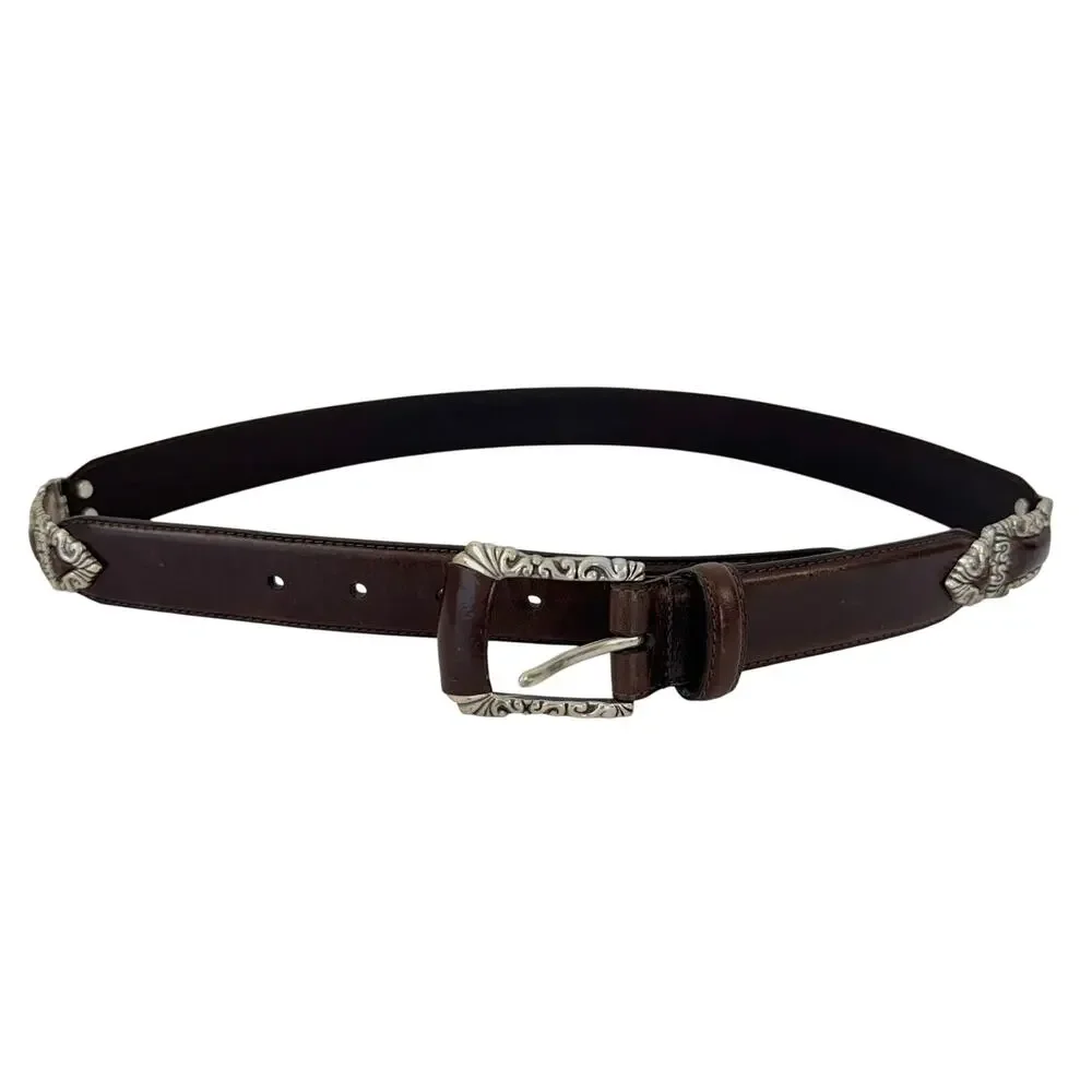 Fossil Brown Leather Belt Silver-Tone Hardware Boho Design Size M